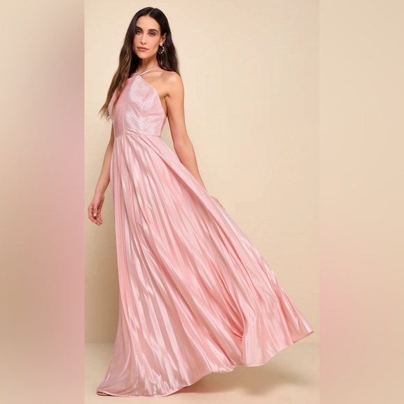 Lulu Elaborate Charm Light Pink Satin Pleated Backless Maxi Dress LG NWT $168.00 - Picture 4 of 10